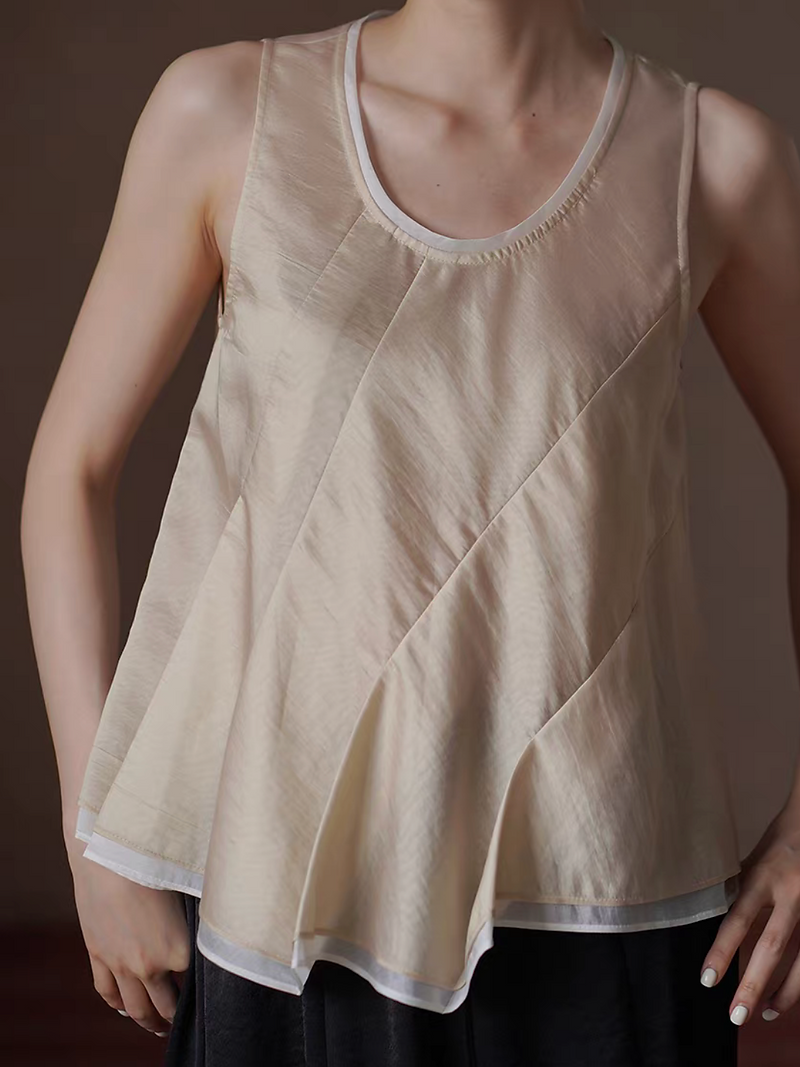 U neck ivory trim bicolor tencel asymmetric champaign pleated vest 6