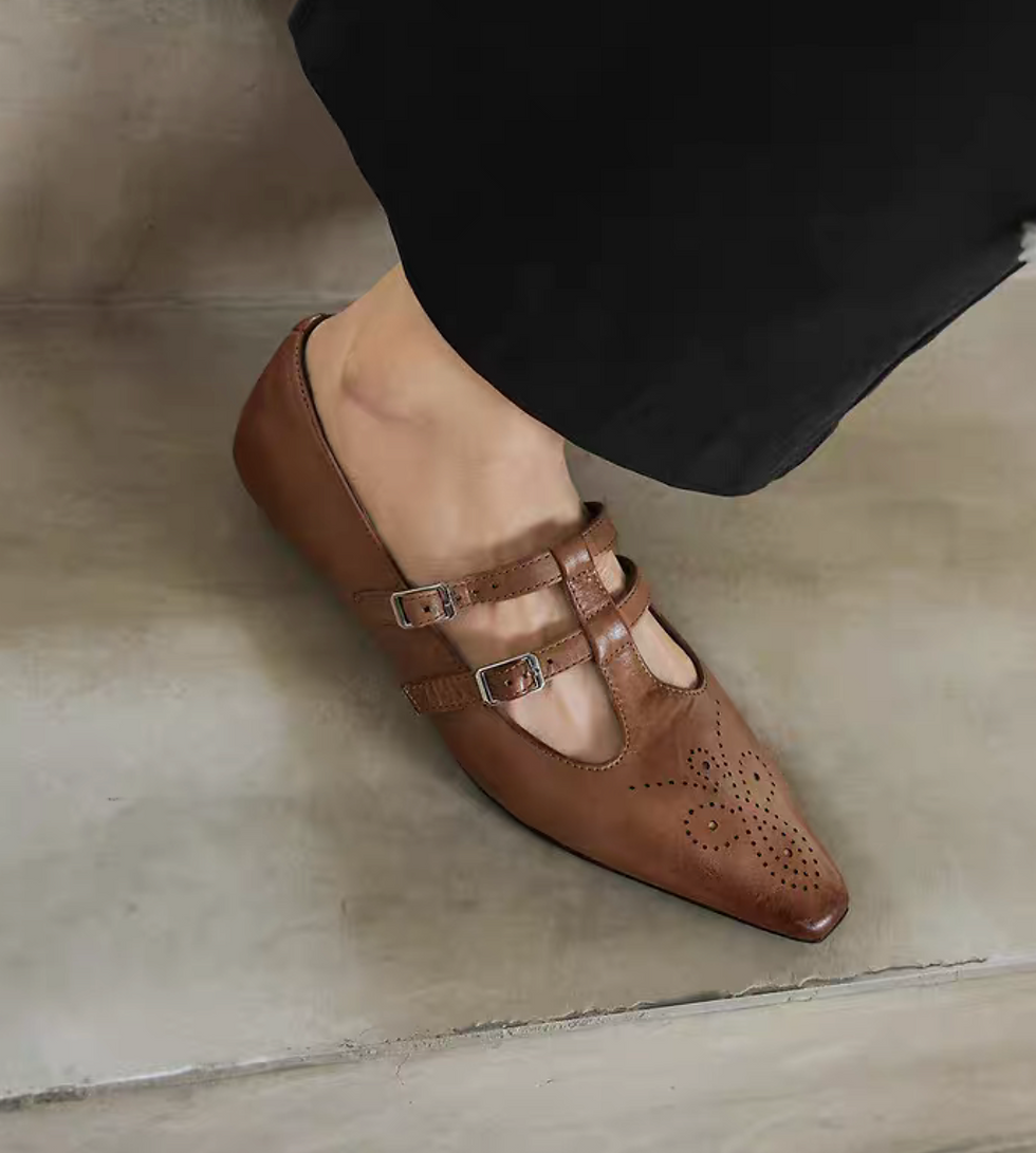 Thumbnail: Brushed off pointy calf leather double adjust straps brogue Mary Janes