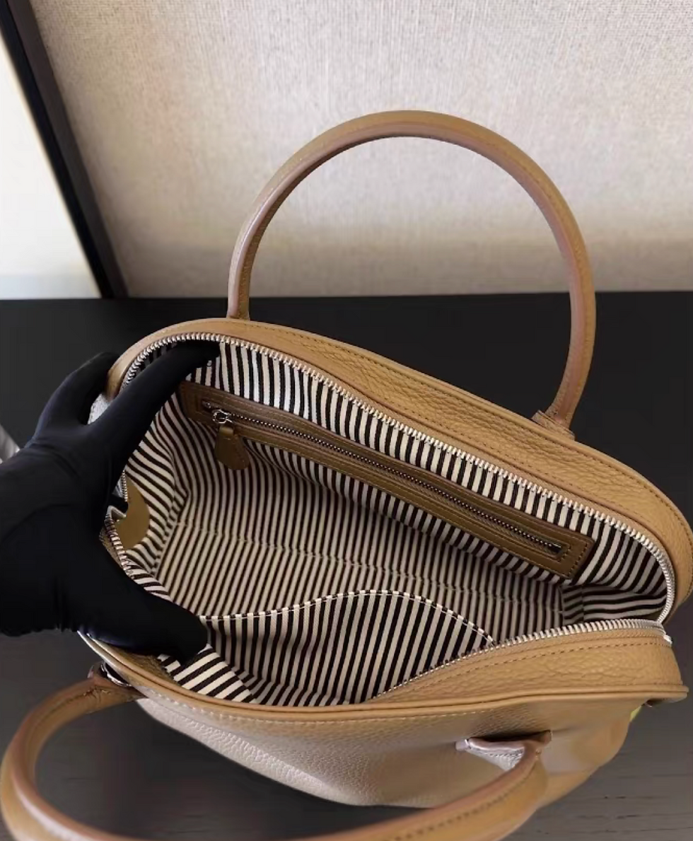 Thumbnail: Toga embossed calf leather handle + crossbody bowling bag