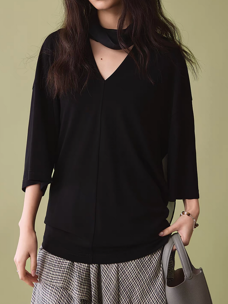 Black pure tencel collarate elegant mid sleeved blouse 8