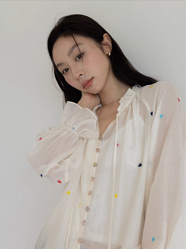 Hearts embroidered sheer tencel rayon ruffle trim drawstring blouse / ja 3