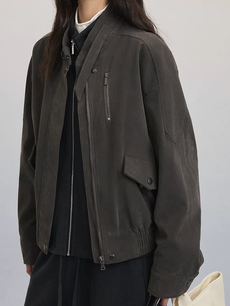 Charcoal grey synthetic leather suede elastic trim pilot jacket 4