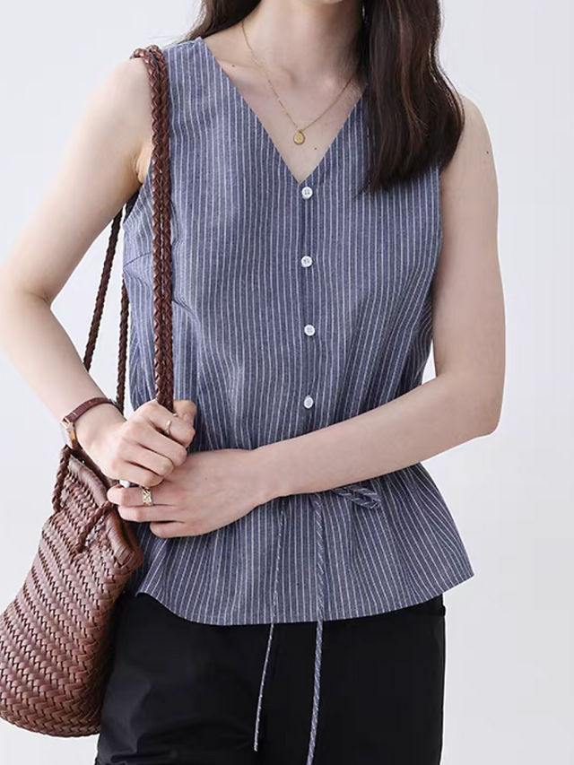 Belted V neck buttoned drawstring blue  striped vest 2