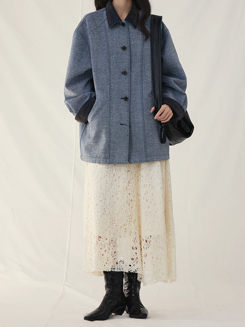 Greyish blue contour cotton rayon tweed wool docking mid length jacket 6