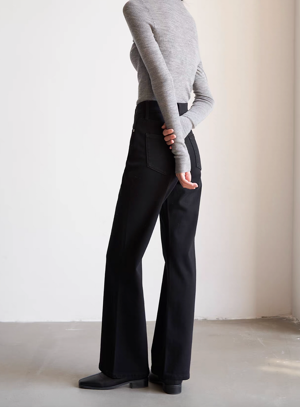 Thumbnail: High waisted charcoal black slim cut denim cotton pants