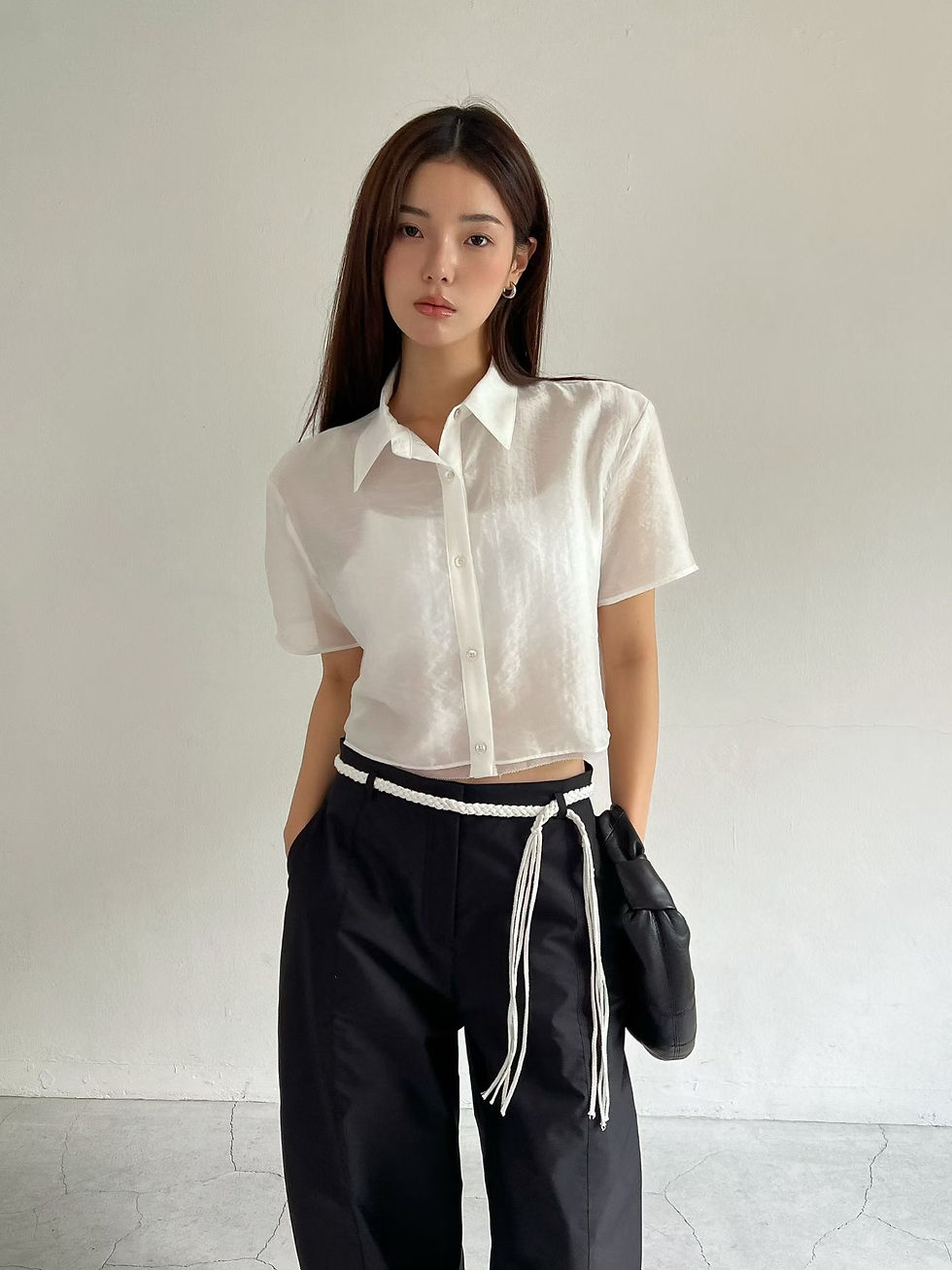 Thumbnail: Silk viscose nylon cropped sheer embossed shirt 