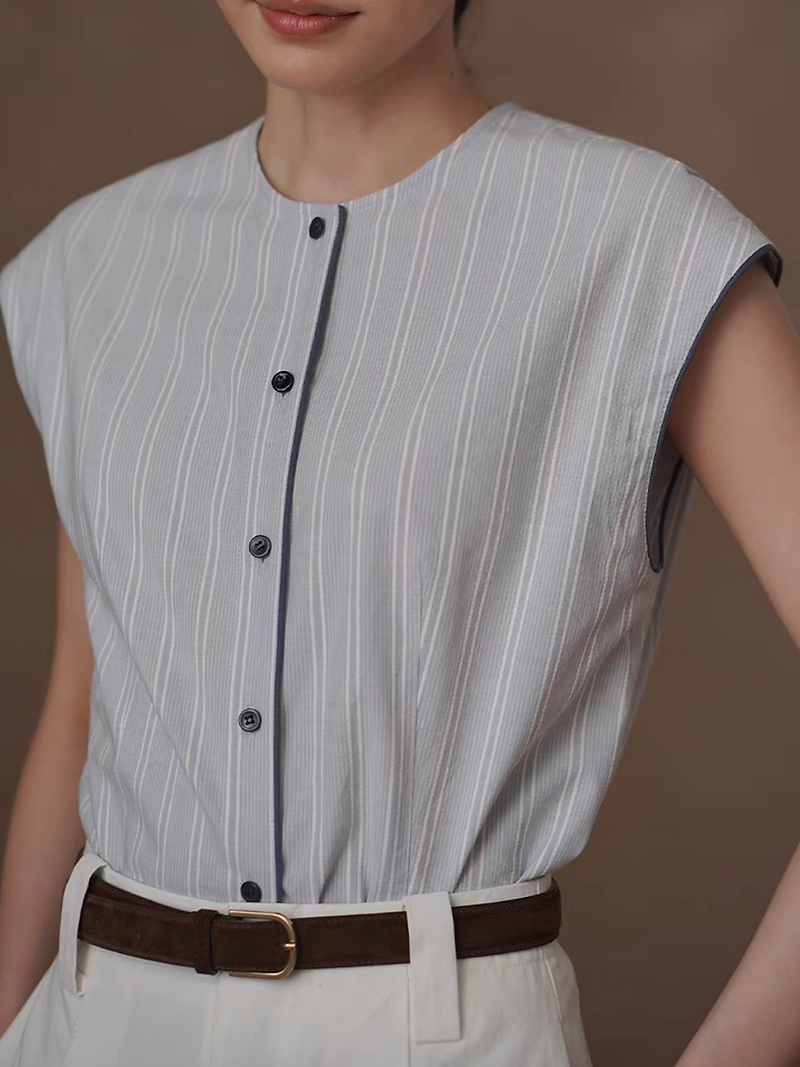 Greyish light blue striped navy trim pure cotton vest / blouse 2