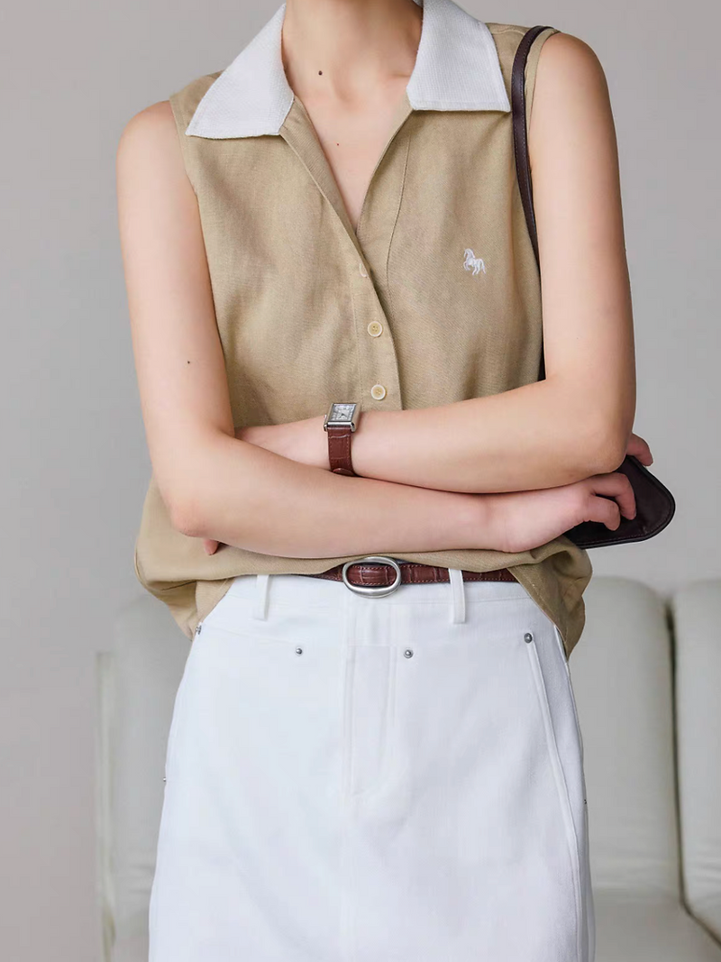 Embroidered pony khaki white cotton linen polo vest 6