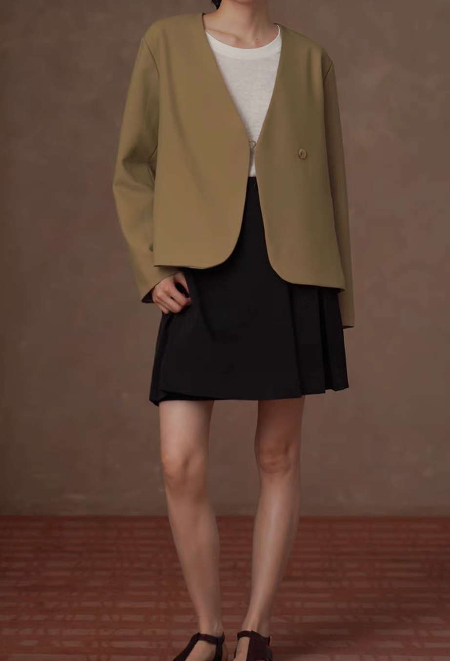 Thumbnail: High waisted pleated buckle strap cotton rayon black skirt