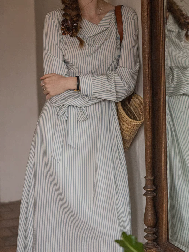 Striped belted asymmetric drape collar side buttoned tencel cotton dress 13