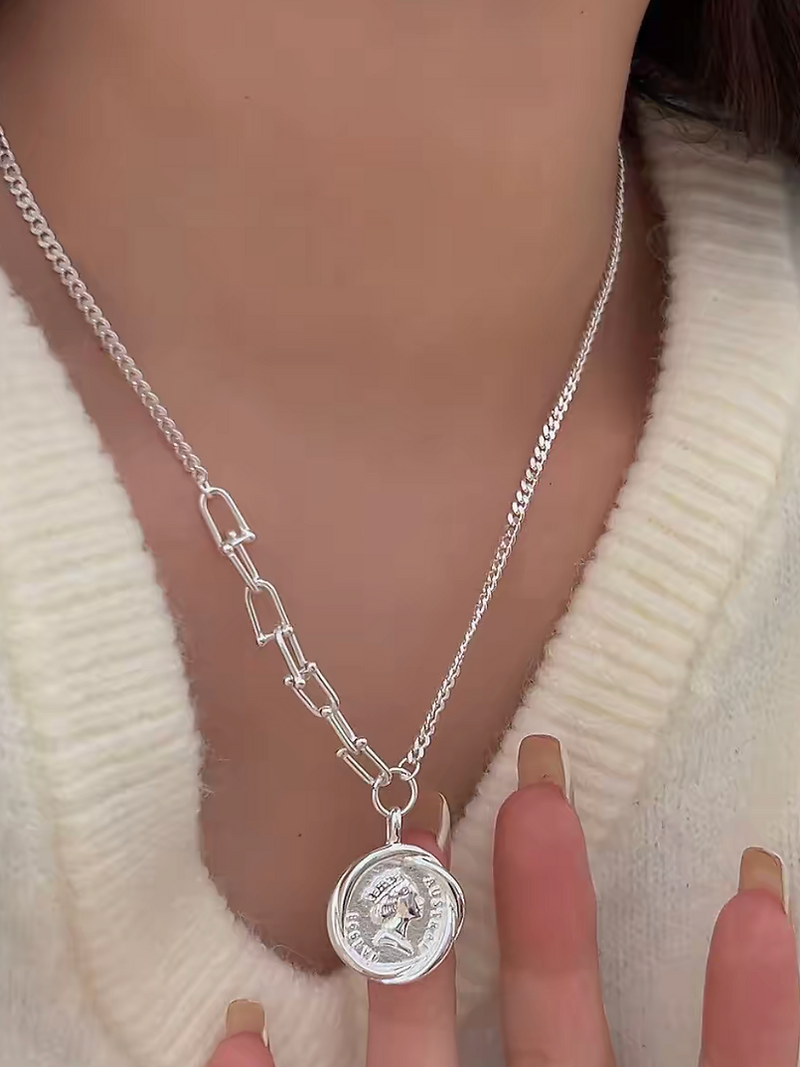 Engraved coin face 925 silver curb chain necklace 5