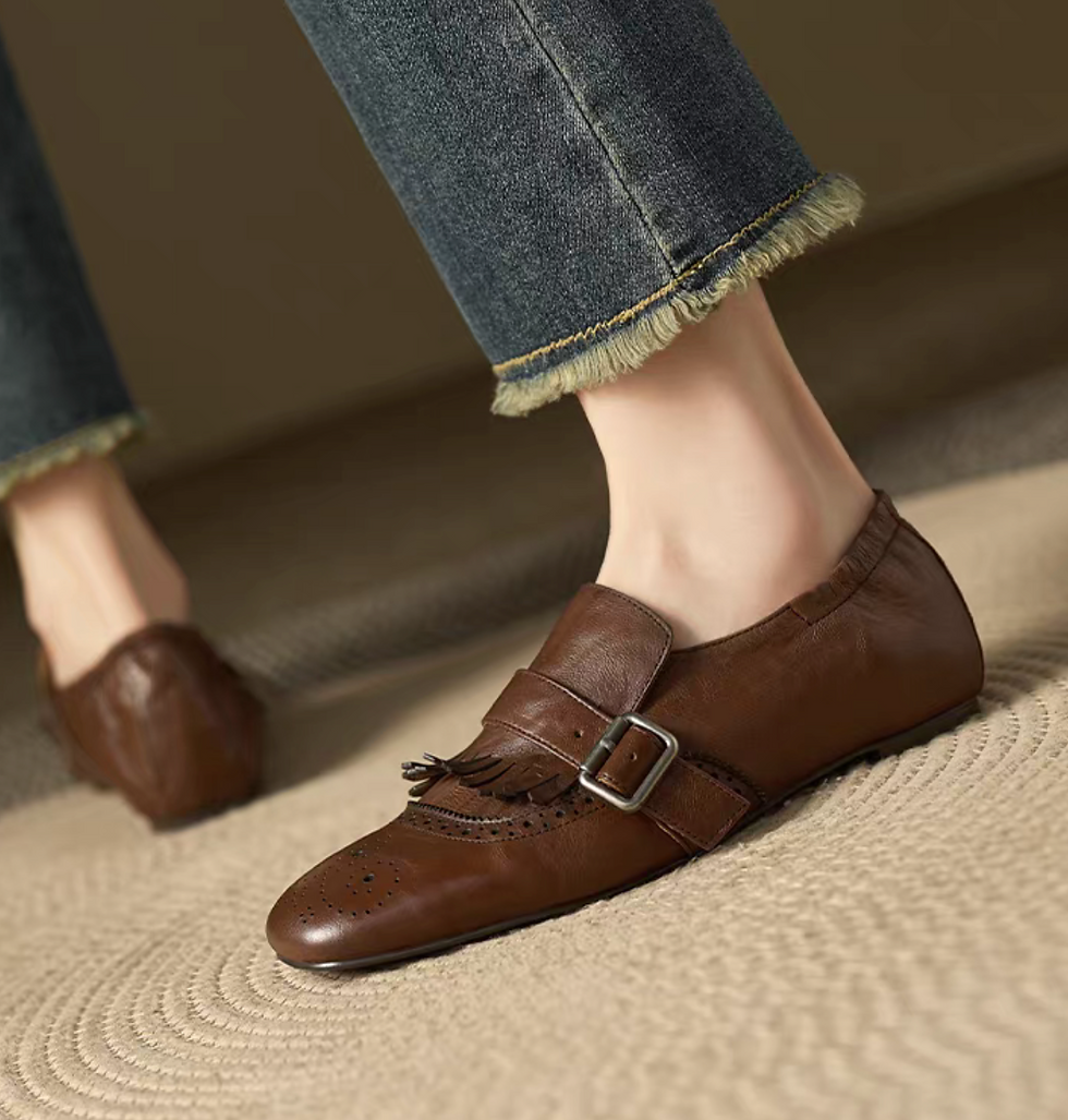 Thumbnail: Lambskin tassels side buckle back elastic loafers