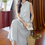Thumbnail: Embossed checker blue cotton rayon folded collar belted dress
