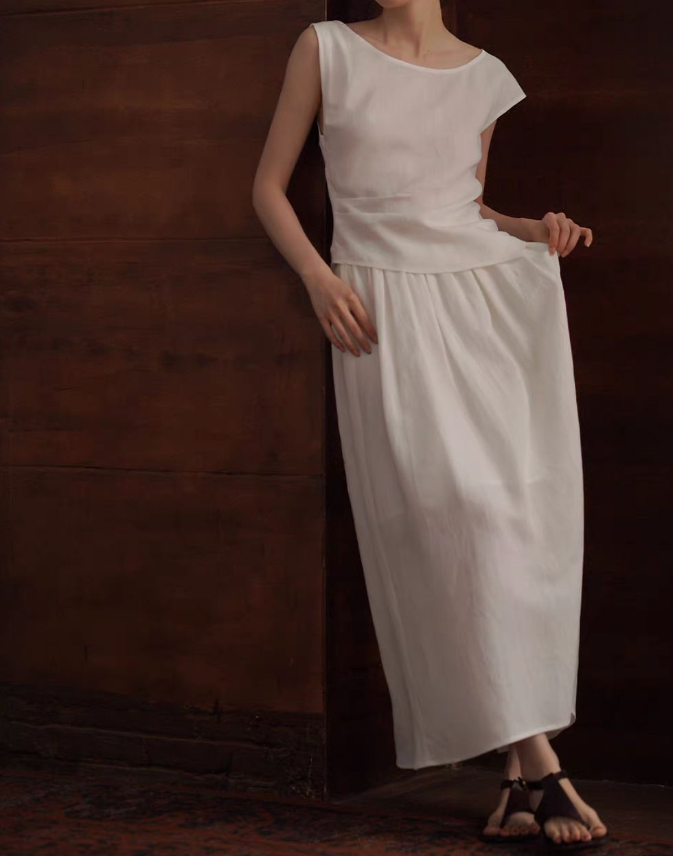 Thumbnail: Ivory white lyocell linen asymmetric blouse + elasticated lined skirt set