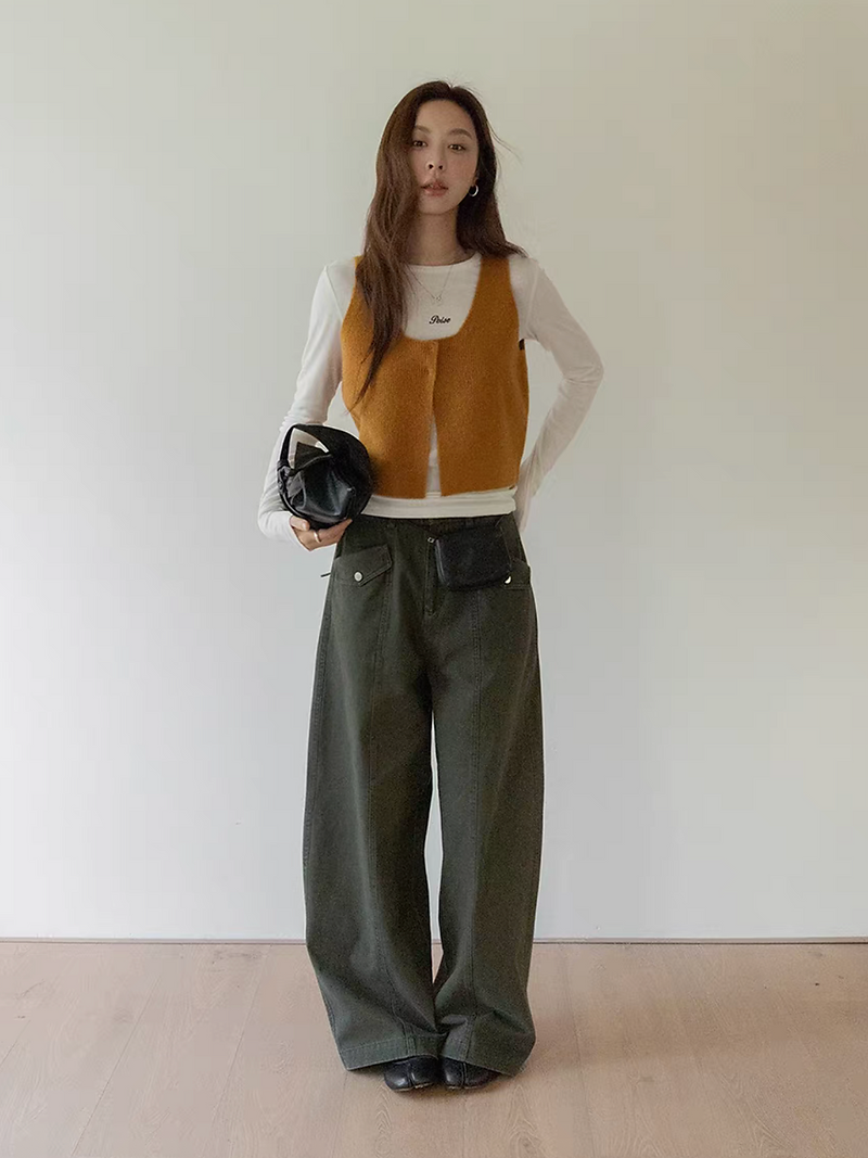 High waisted folded pockets denum pants 2