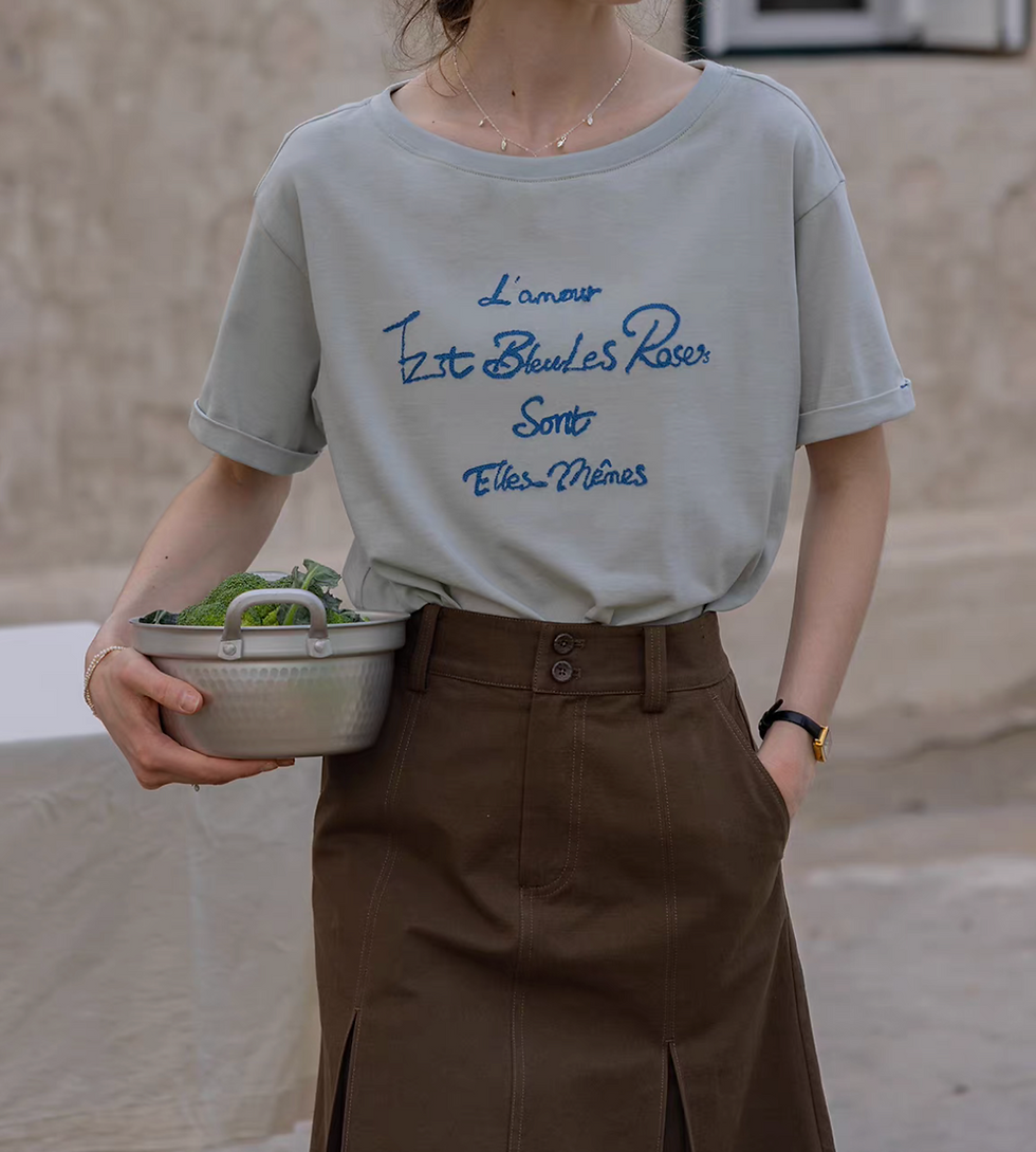 Thumbnail: Embroidered quote drape shoulder cotton tee