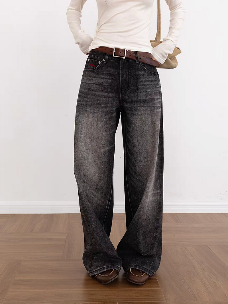 Distressed trim side embroidered acid washed denim jeans 4