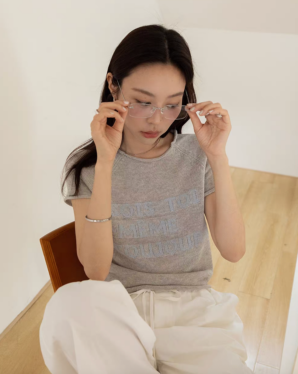 Thumbnail: Linen lyocell rayon intarsia knitted French typography rolled trim top
