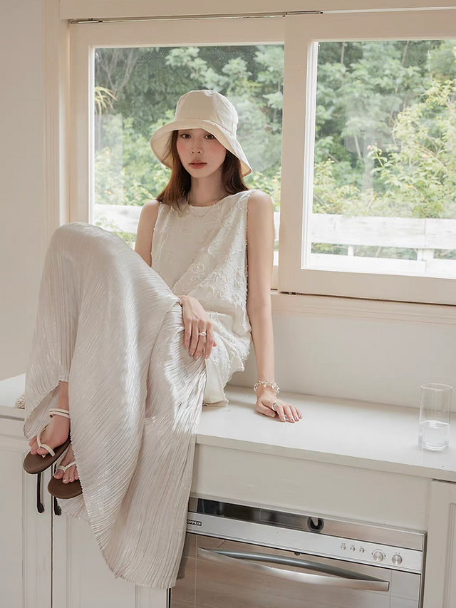 Floral embossed beige ivory docking satin pleated sleeveless dress 7