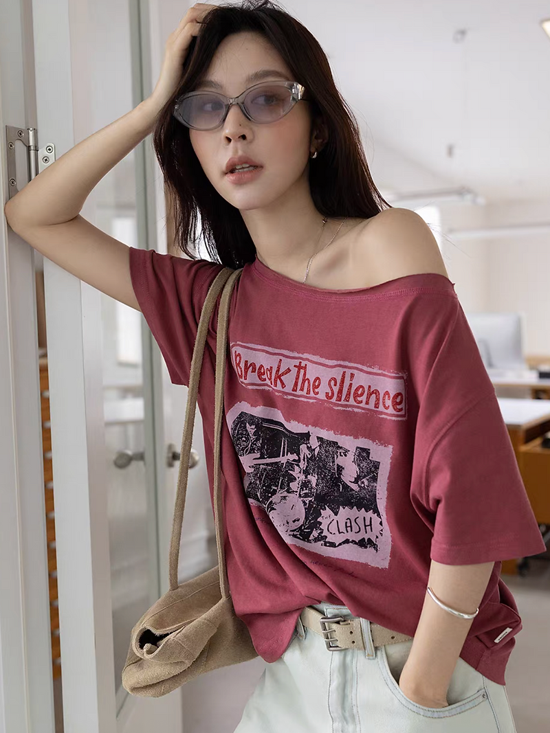 One shoulder digital print cotton rayon tee 11