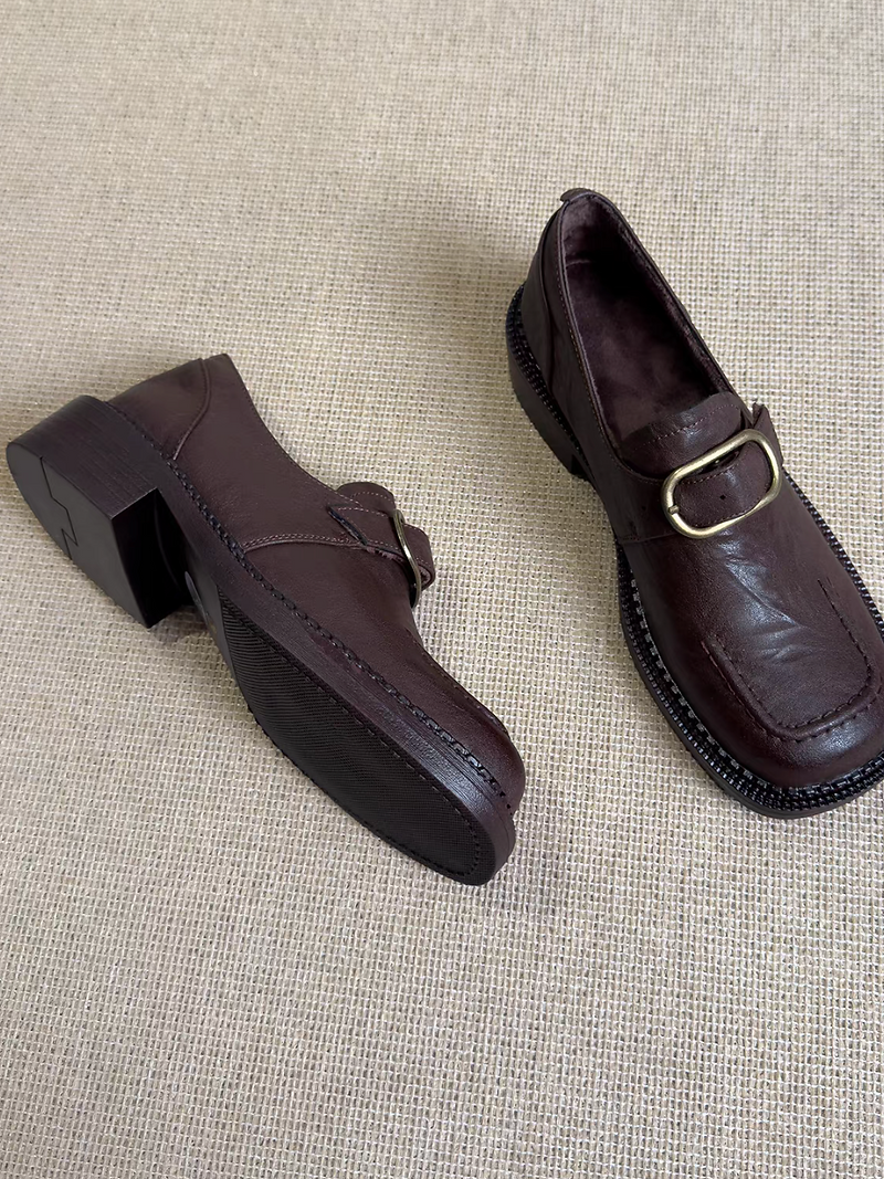 Ruffled calf leather square toe buckle strap loafers 7