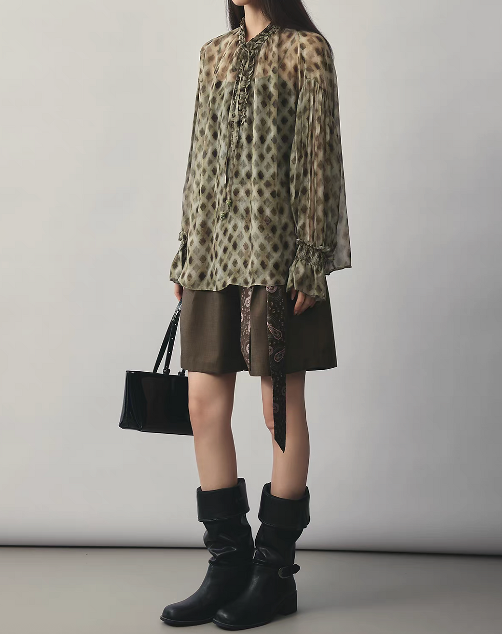 Thumbnail: Patterned silky belt included high waisted mocha pleated shorts
