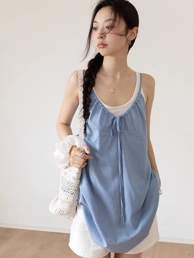Checker back knot linen halter camisole 10