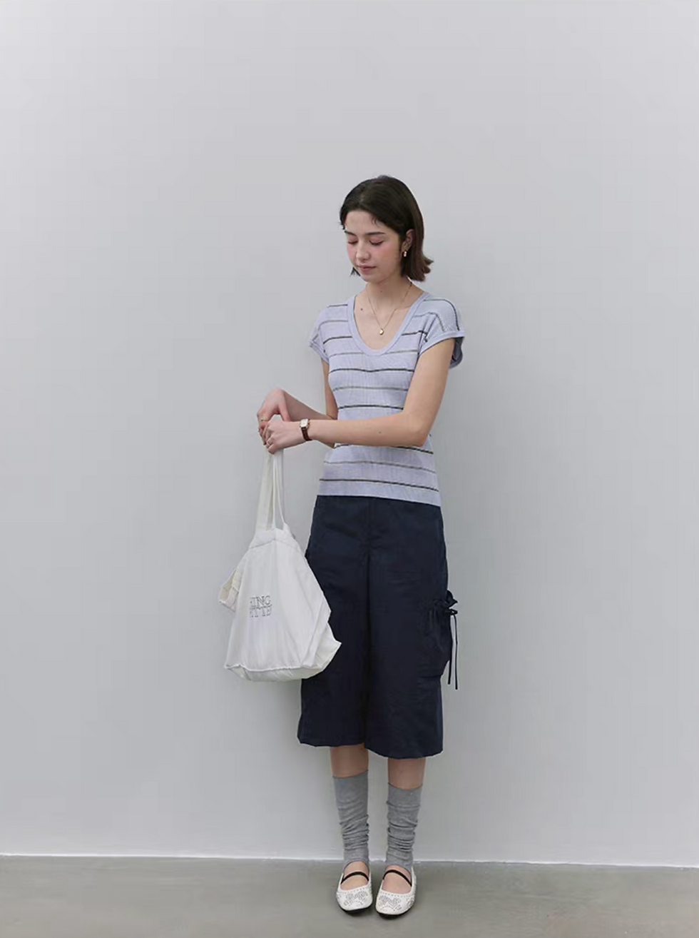 Thumbnail: Navy cotton side drawstring casual pants