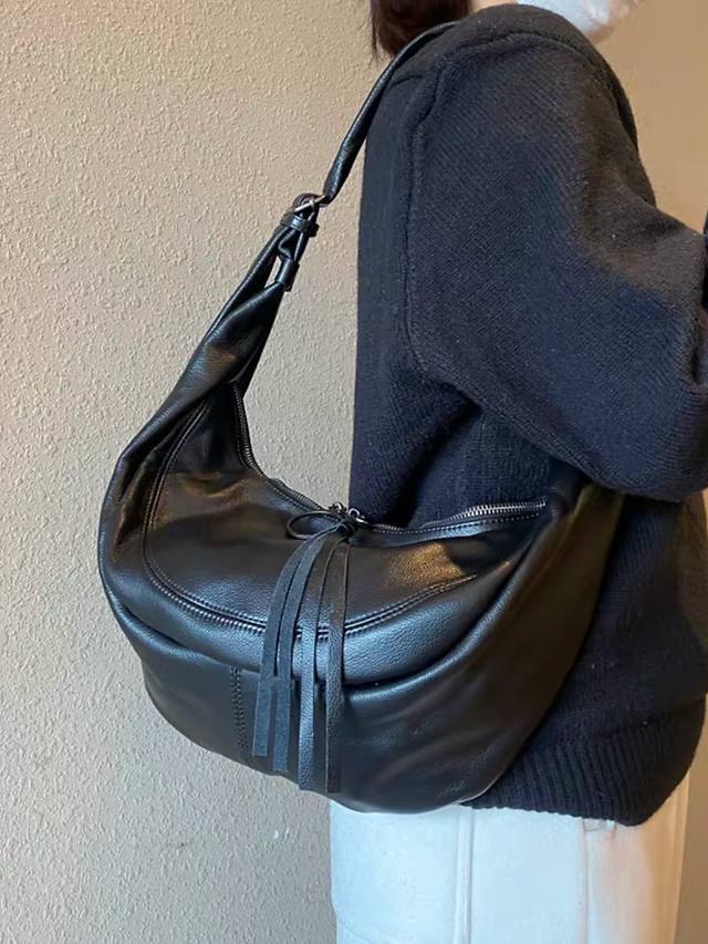 Tassels zipper black soft calf leather shoulder + crossbody bag 1