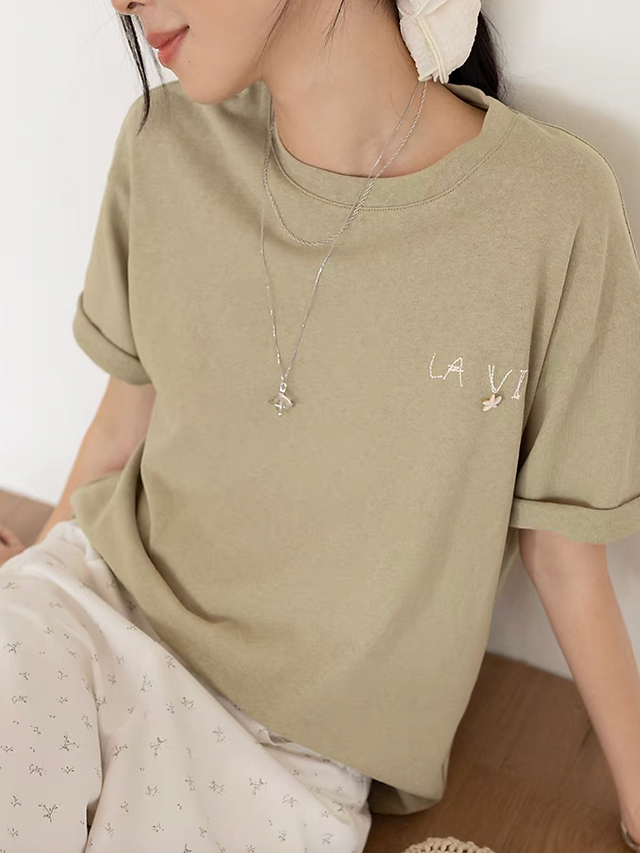 La Vie embroidery with star cotton linen crewneck tee 4