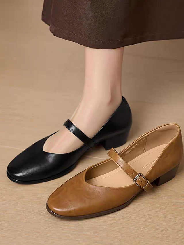 Pointy embossed calf leather side metal buckle Mary Janes 1