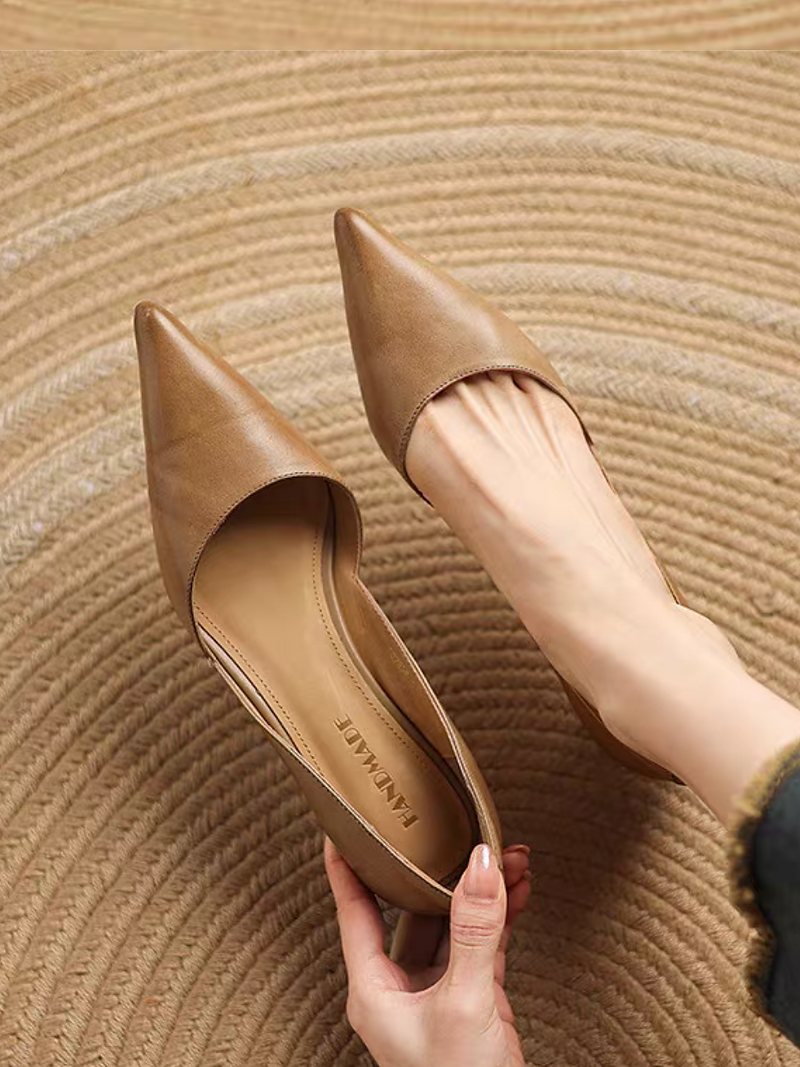 Pointy curved cut calf leather low heels 8