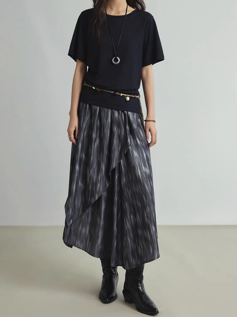 Layered watercolor blue satin poly asymmetric elasticated skirt 3