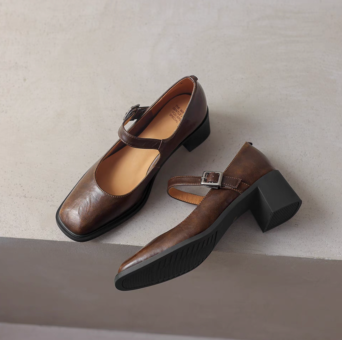 Brushed off calf leather square toe side buckle low heel Mary Janes