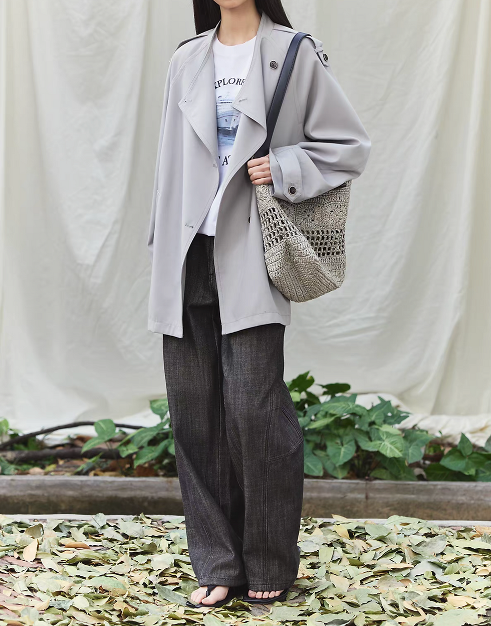 Thumbnail: Contour high rise charcoal grey denim linen pants