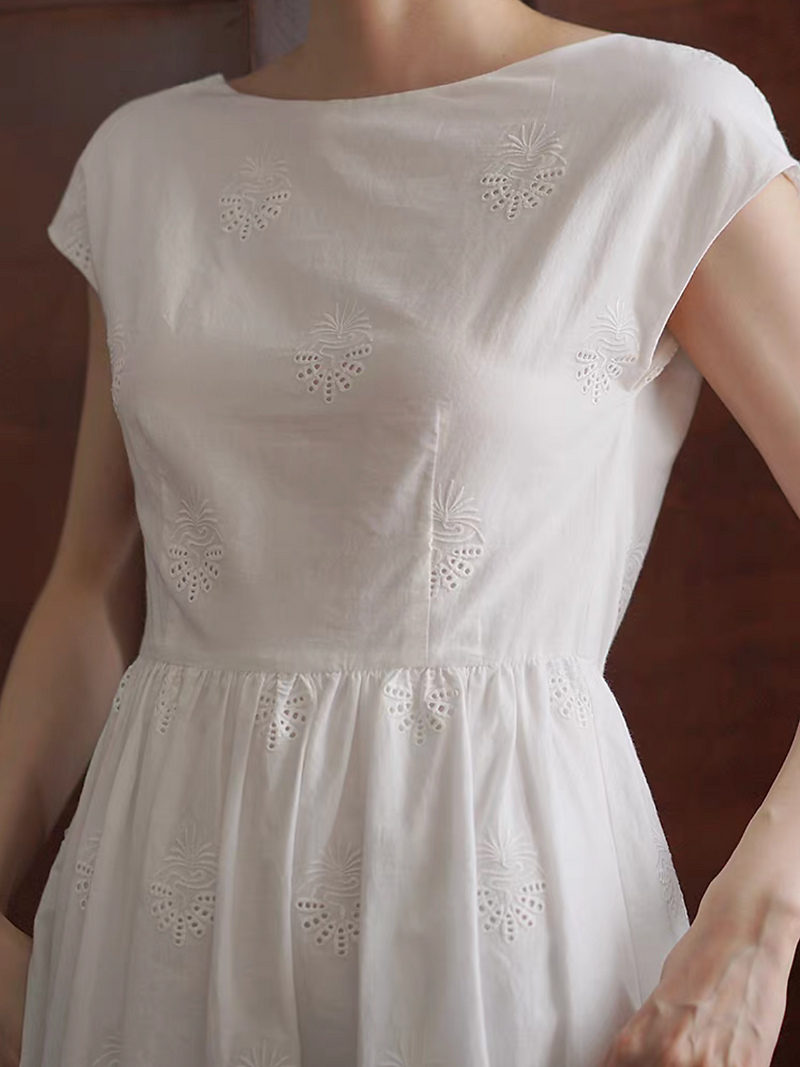 Pure cotton flutter sleeves high waisted crochet lined white dress 4