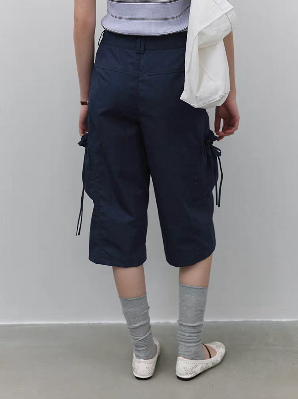 Thumbnail: Navy cotton side drawstring casual pants