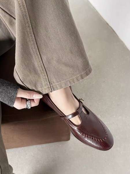 Stitched trim calf leather T strap wood heel Mary Janes