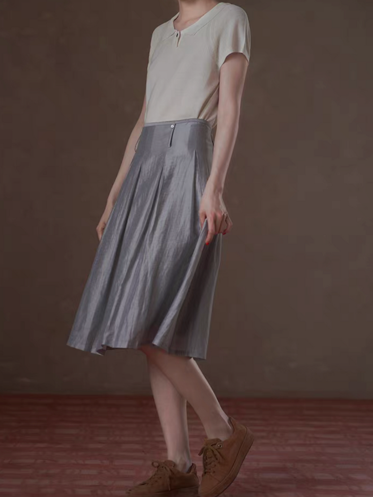 Purplish silver iridescent pleated high waisted lined A line linen poly skirt 5
