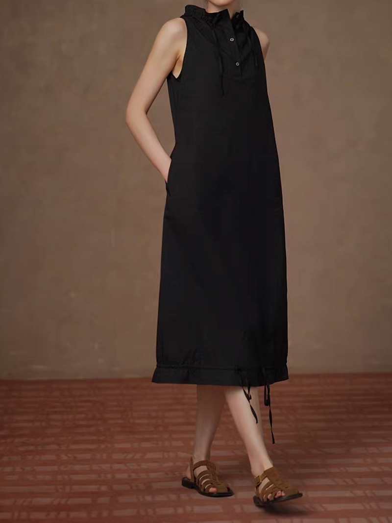 Black cotton rayon standing collar drawstring sleeveless dress 6