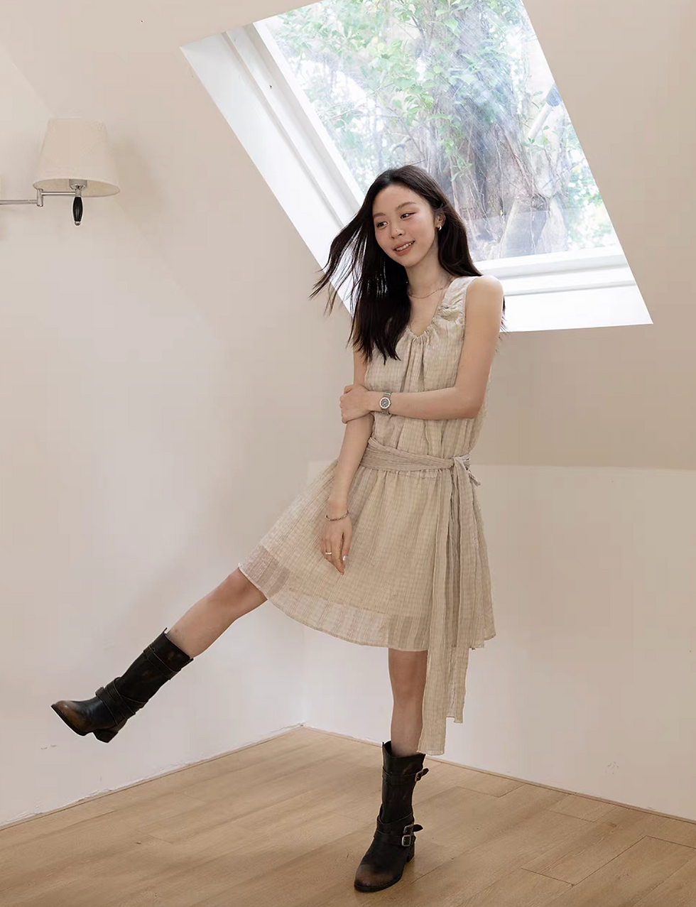 Thumbnail: Checker poly sheer beige collaratte +sleeveless drawstring lined dress set