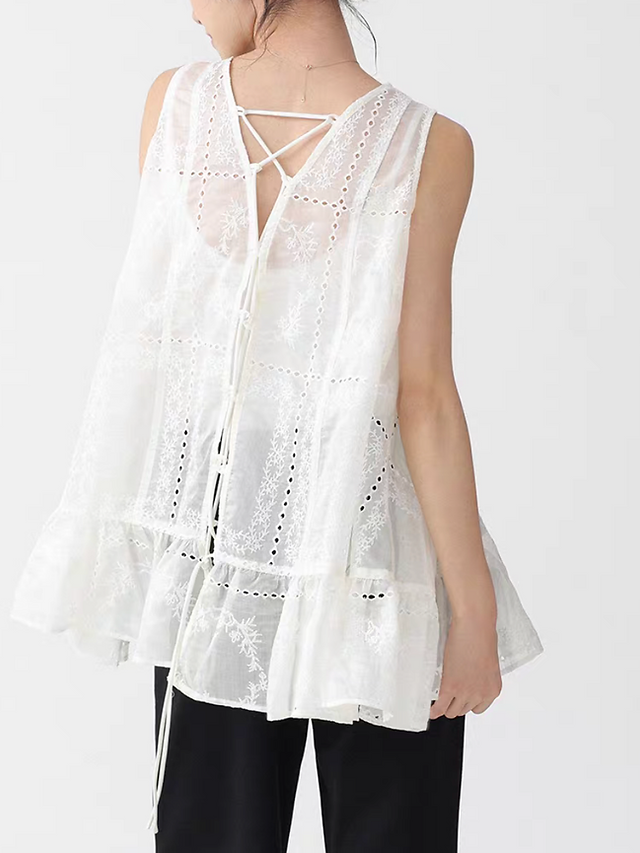 Lyocell crochet floral V neck ivory peplum back knot vest 5