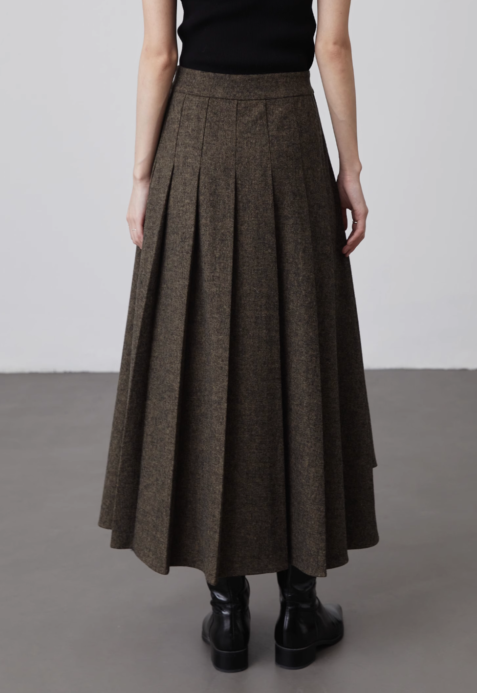 Thumbnail: High waisted layered asymmetric pleated khaki charcoal side straps skirt