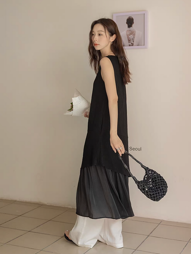 Black tencel cotton satin layered asymmetric sleevesless dress 14