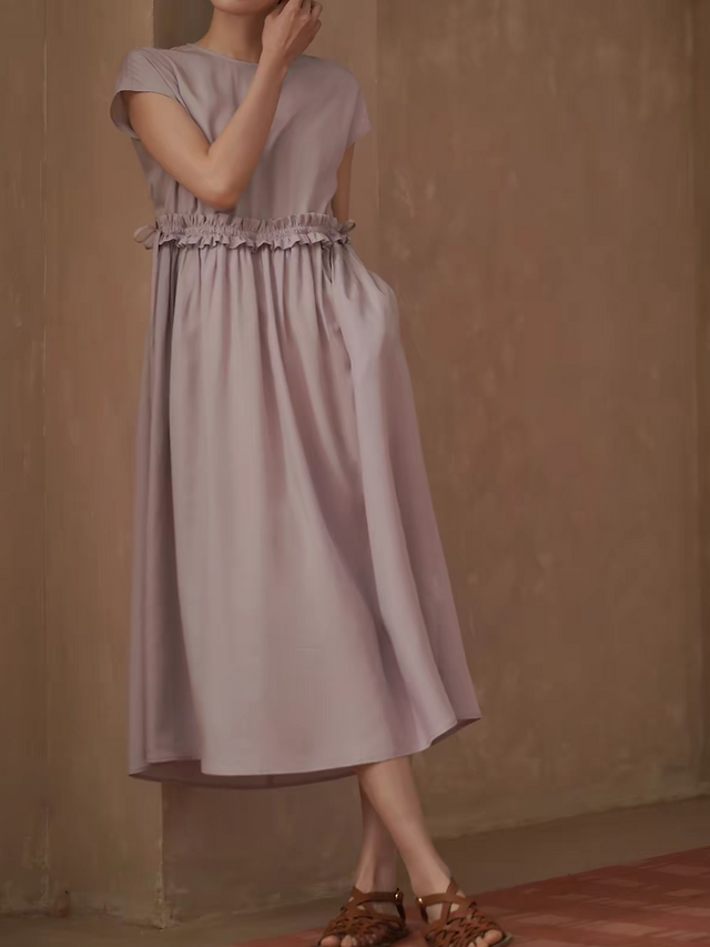 Morandi purple waist ruffles drawstring flutter sleeves pure lyocell midi dress 2