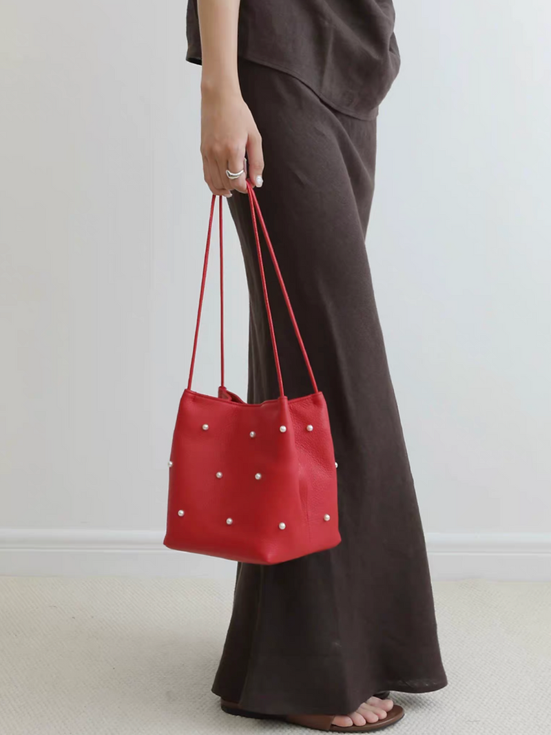 Alloy plaster pearls deco bucket togo lambskin shoulder bag 12