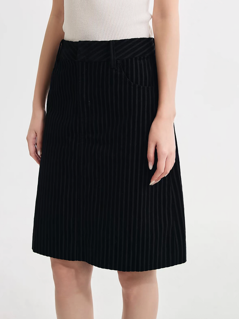 Black cotton rayon embossed striped high waisted A line black charcoal skirt 1