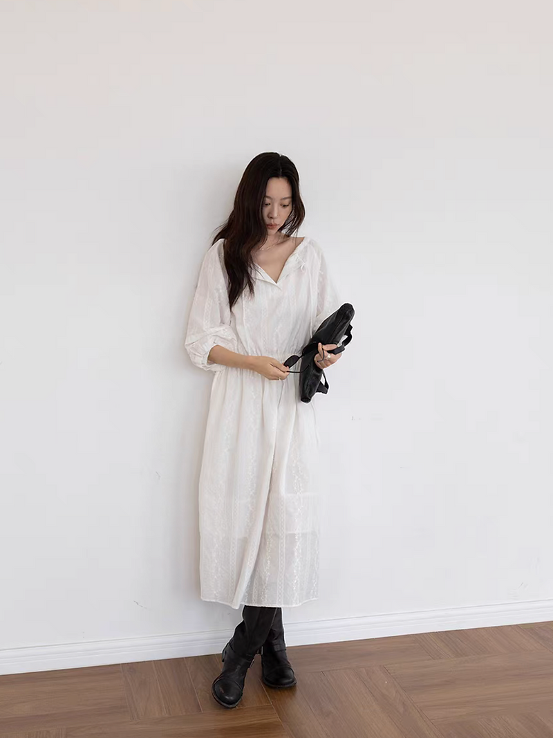 Two way floral embroidered white drawstring lined cotton lyocell midi dress 5