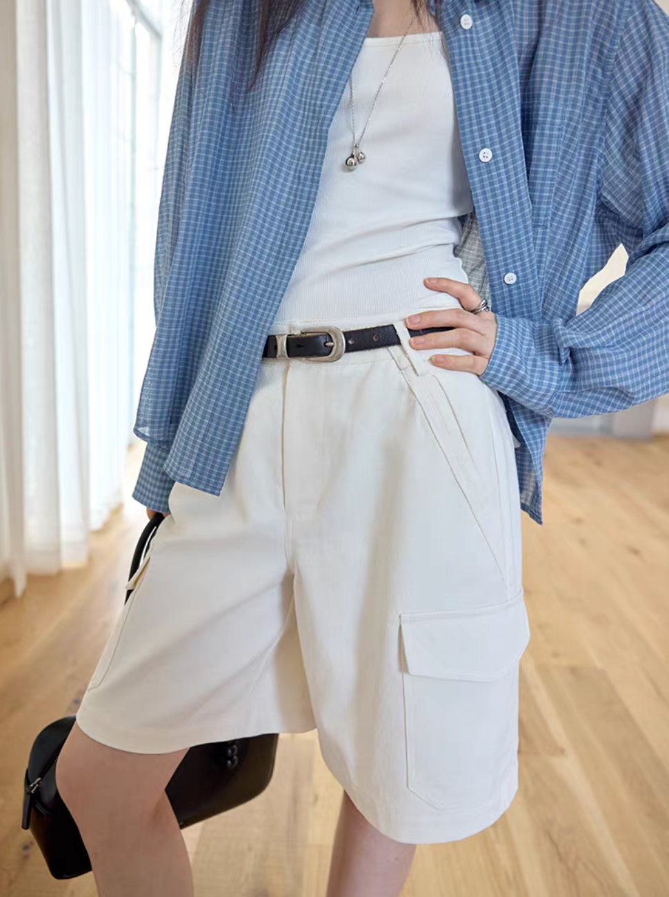 Thumbnail: Ivory cotton denim high waisted cargo shorts