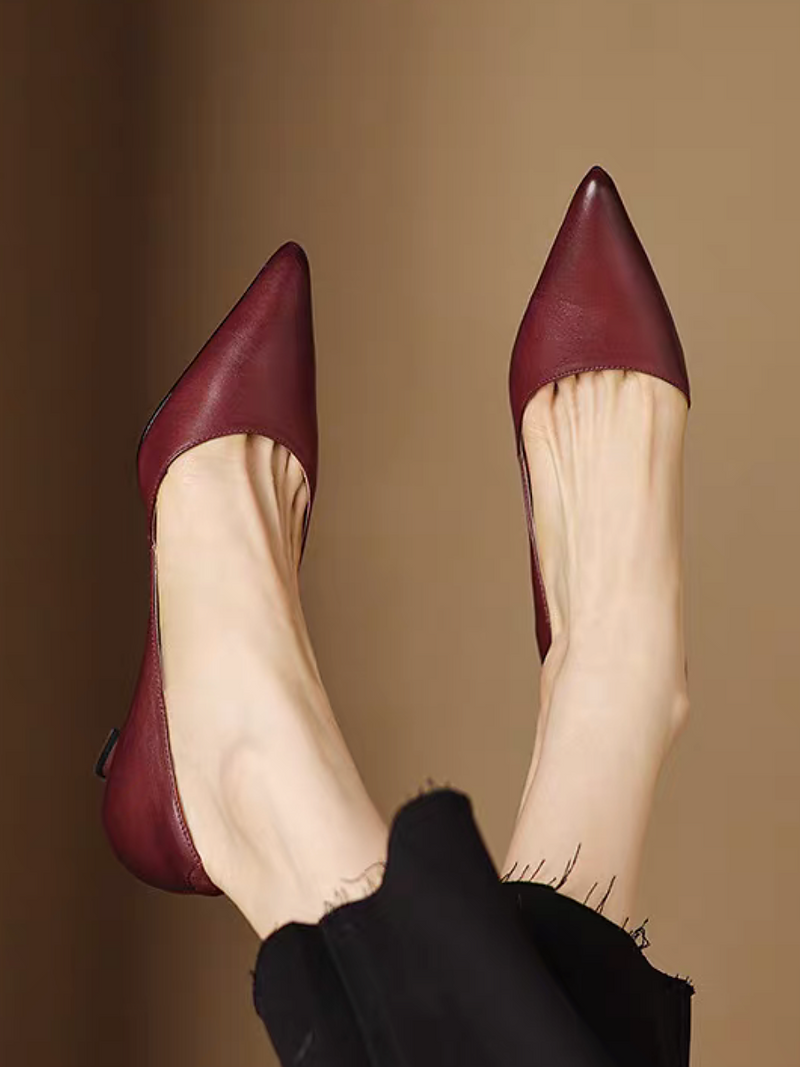 Pointy curved cut calf leather low heels 9